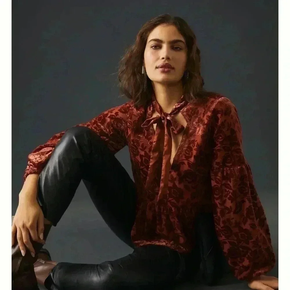 Anthropologie Burnout‎ Velvet Tie-Neck Oversized Blouse whimsiGoth Peplum Sz S